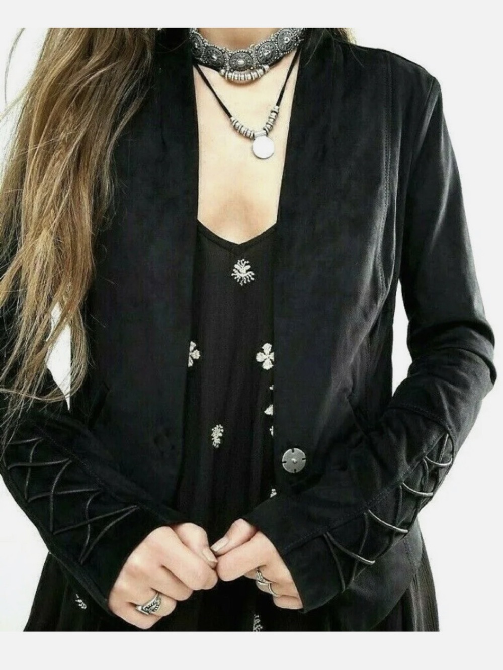 Free People Women's Black Suede-Look Fitted Jacket
